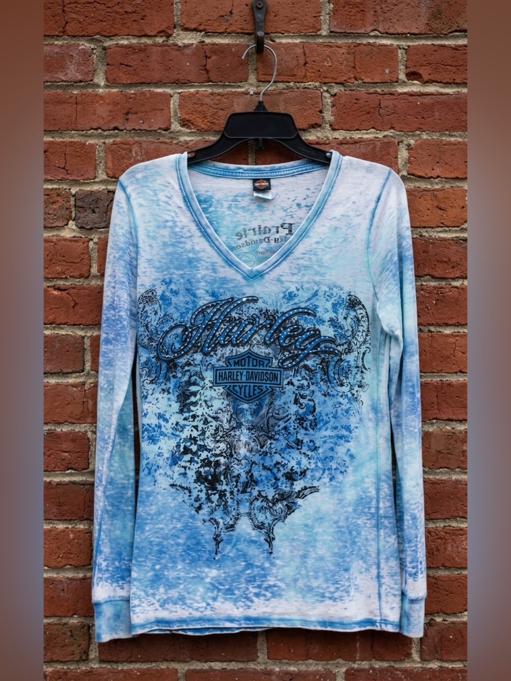 Harley Davidson Sky Blue Burnout V-Neck Tee | Embellished Bar & Shield